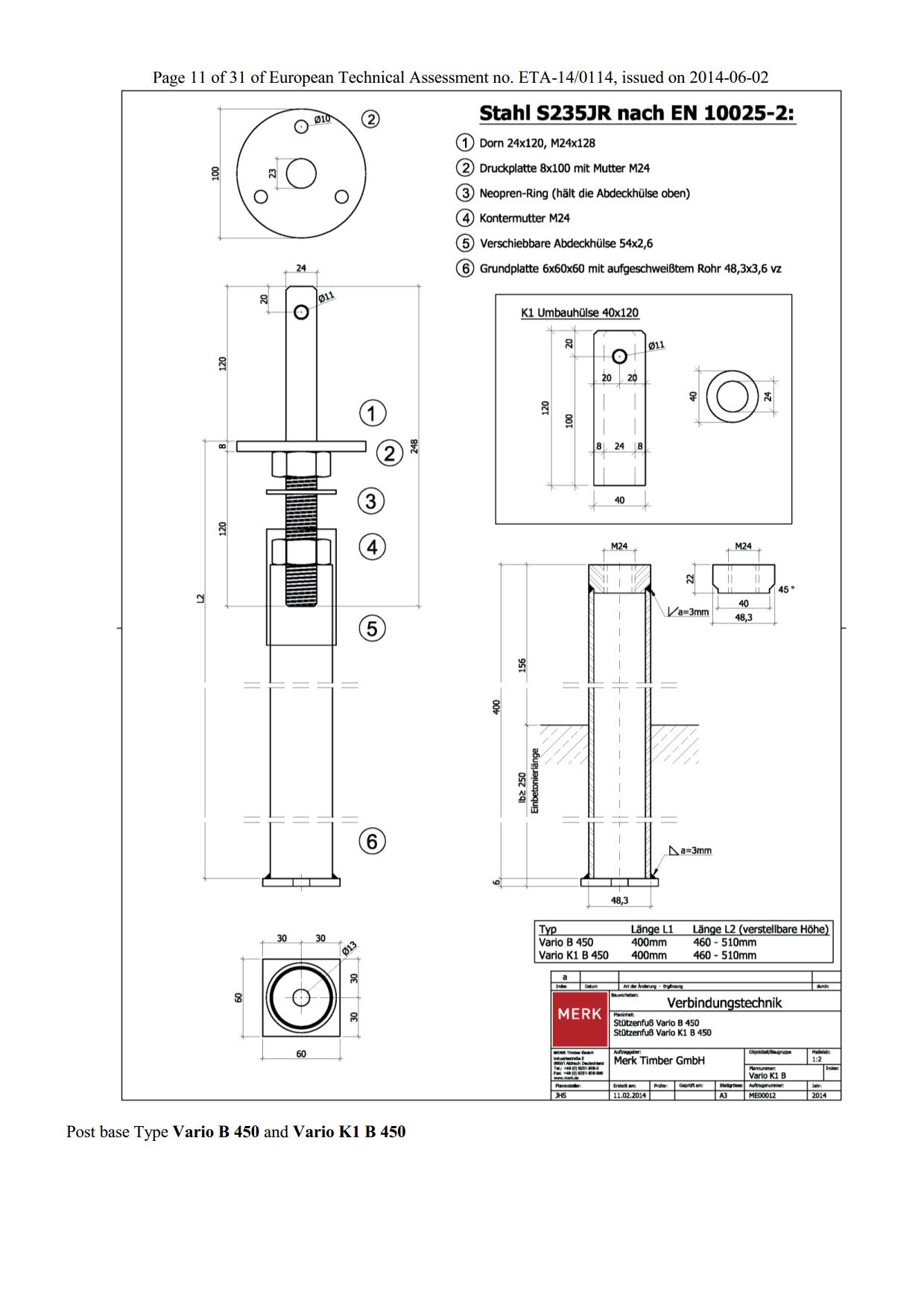 Stützenfuß Vario K1 B 450 Technische Zeichnung