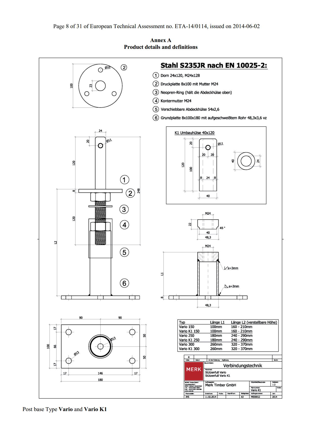 Stützenfuß Vario K1 250 Technische Zeichnung