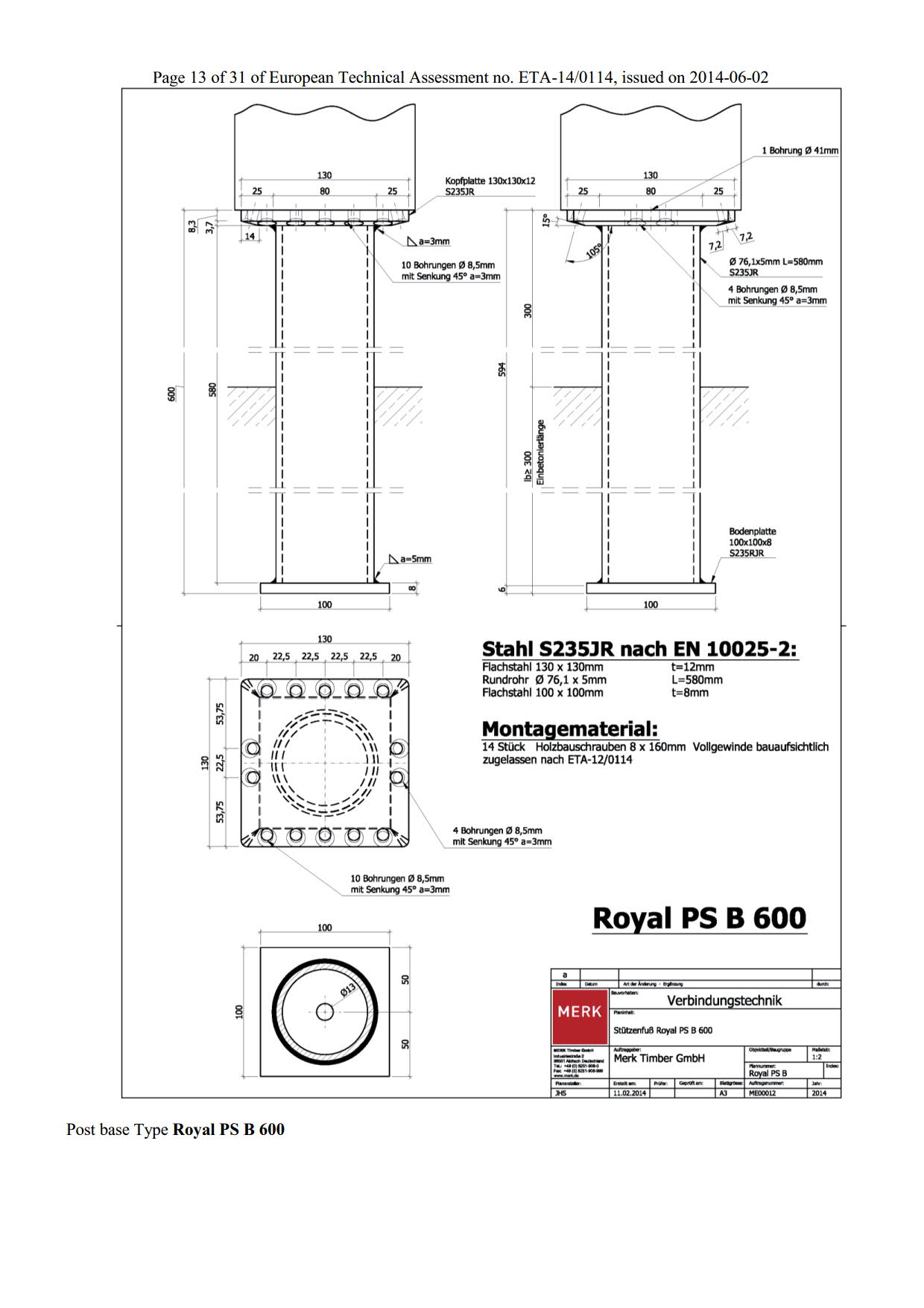 Stützenfuß PS B 600 Technische Zeichnung